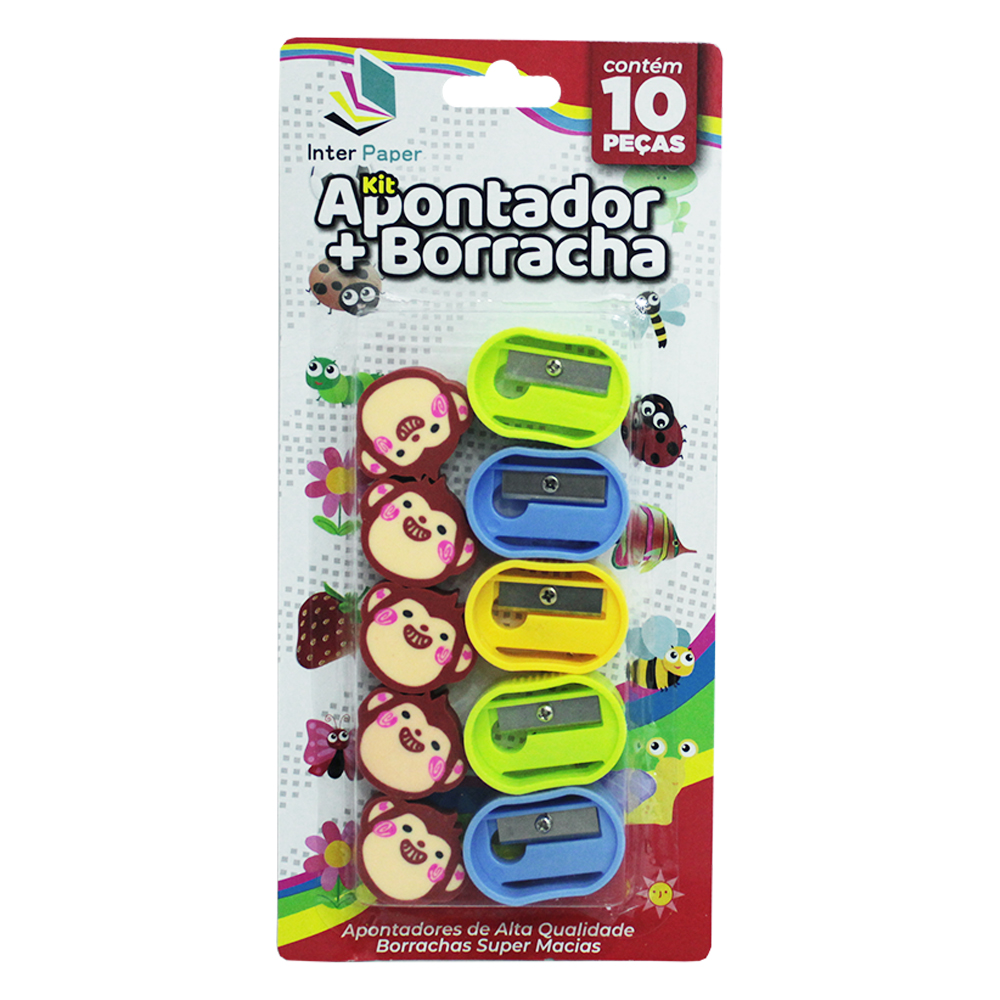 KIT ESCOLAR COM APONTADOR + BORRACHA MACAQUINHO 10 PECAS