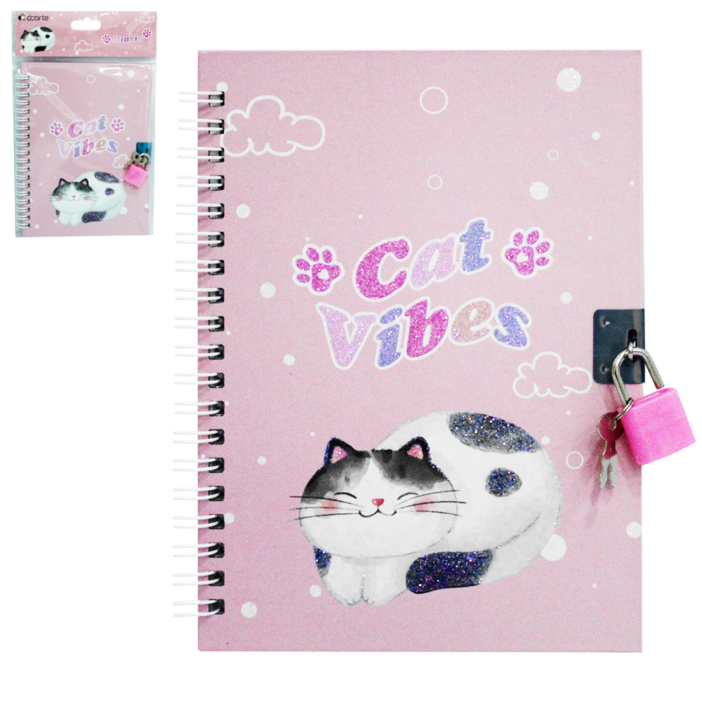 DIARIO CAT VIBES COM CADEADO 60 FOLHAS 18,2X12,7CM