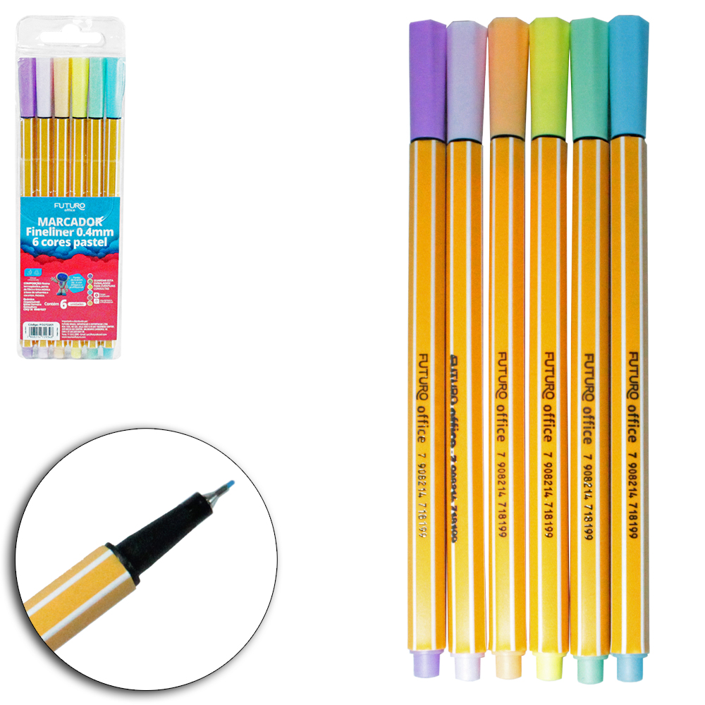 CANETA HIDROGRAFICA FINELINER PASTEIS 0.4MM PONTA SUPER FINA COM 6 CORES FUTURO OFFICE