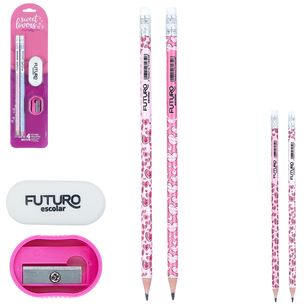 KIT ESCOLAR COM 2 LAPIS HB GRAFITE REDONDO + APONTADOR + BORRACHA SWEET LOVERS FUTURO ESCOLAR