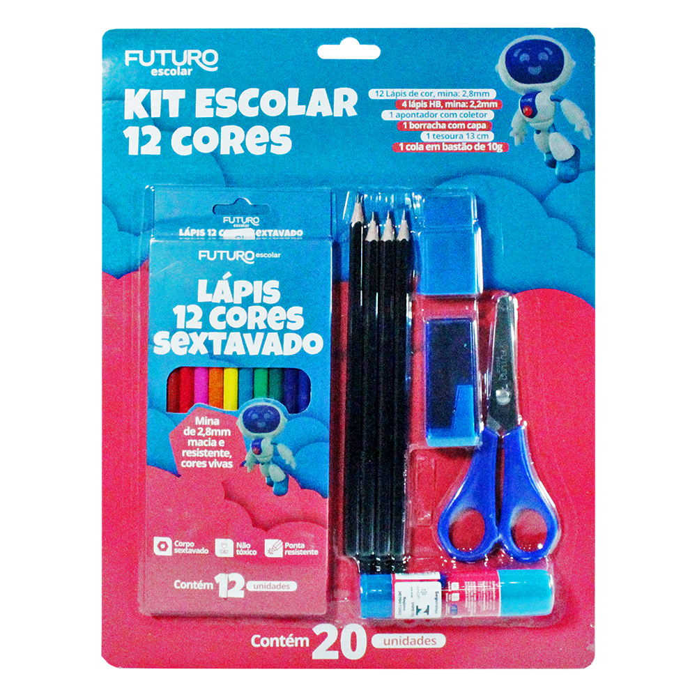 KIT ESCOLAR COM 12 LAPIS DE COR + 4 LAPIS GRAFITE + APONTADOR + BORRACHA + COLA E TESOURA FUTURO ESCOLAR