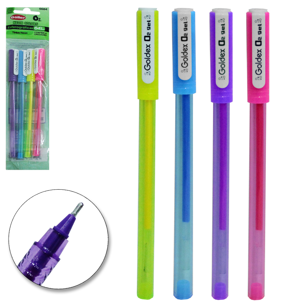 CANETA ESFEROGRAFICA GEL NEON COLORS 1.0MM ESCRITA MEDIA COM 4 PECAS