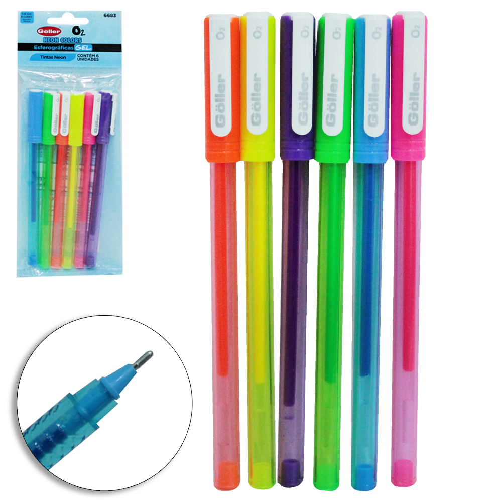 CANETA ESFEROGRAFICA GEL NEON COLORS 1.0MM ESCRITA MEDIA COM 6 PECAS