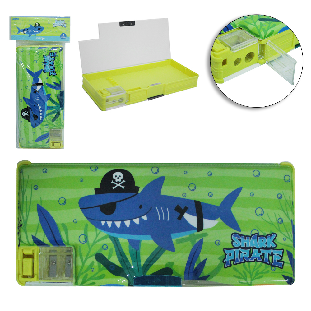 ESTOJO ESCOLAR JUVENIL RETANGULAR DUPLO SHARK PIRATE COM FECHO MAGNETICO + APONTADOR 22X10X3,5CM