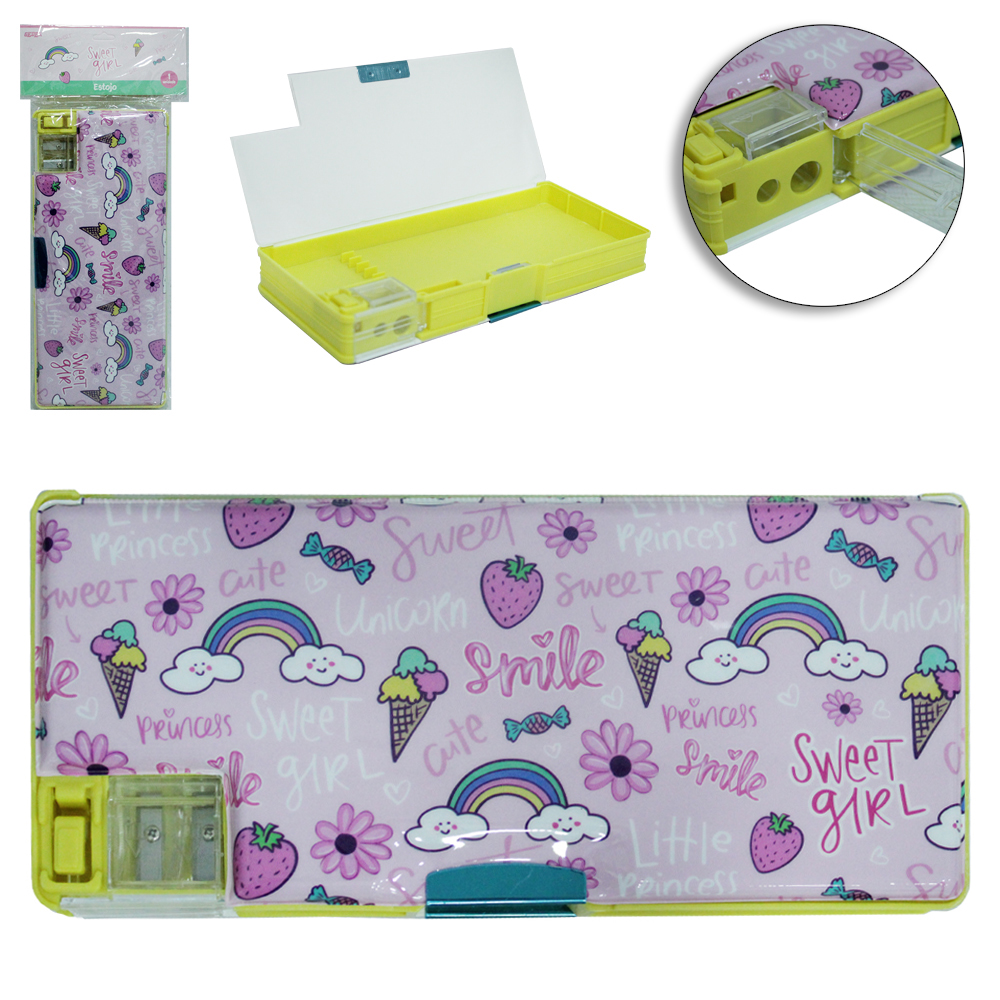 ESTOJO ESCOLAR JUVENIL RETANGULAR DUPLO SWEET GIRL COM FECHO MAGNETICO + APONTADOR 22X10X3,5CM