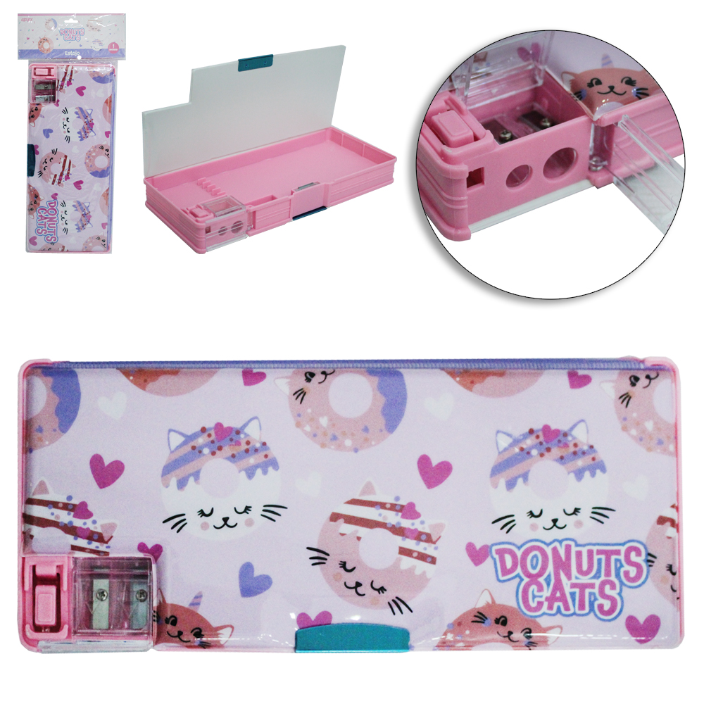 ESTOJO ESCOLAR JUVENIL RETANGULAR DUPLO DONUTS CATS COM FECHO MAGNETICO + APONTADOR 22X10X3,5CM