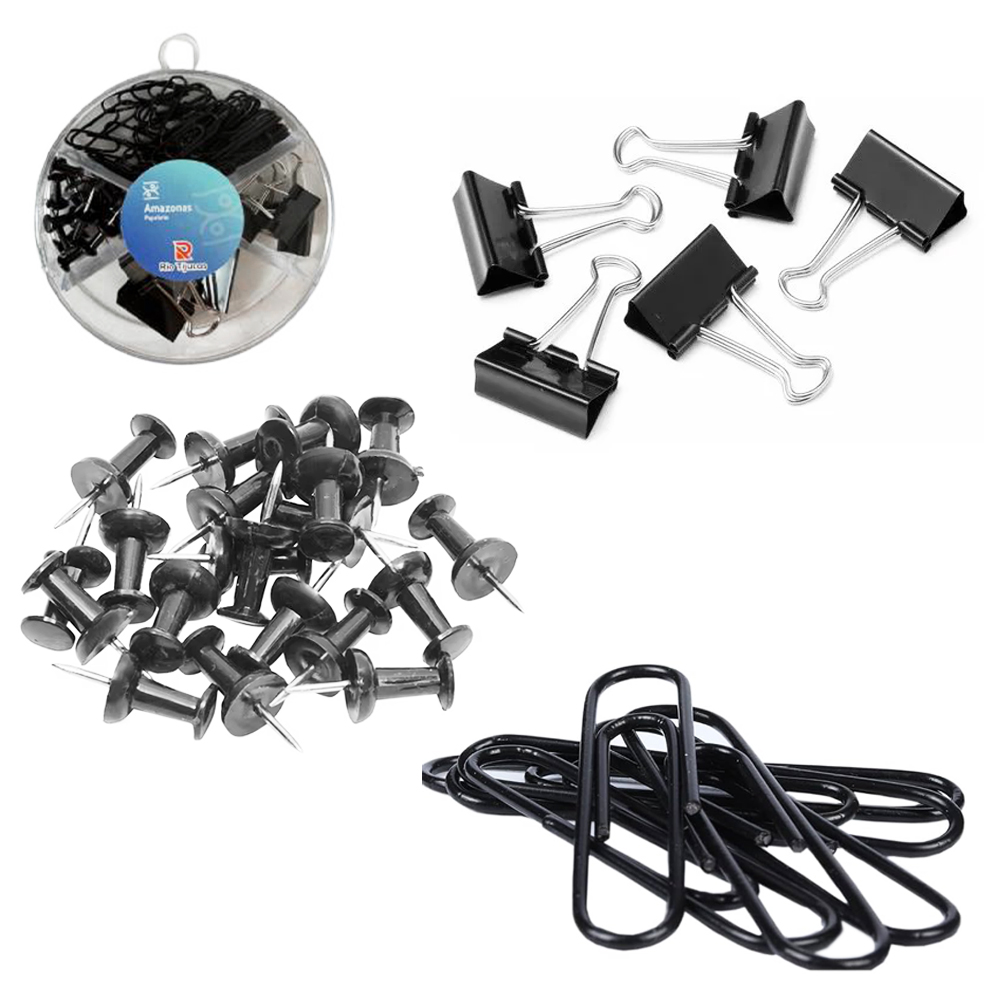 KIT ESCRITORIO COM CLIPS + BINDERS E E ALFINETE / TACHINHA PARA MAPA E CORTICA 69 PECAS