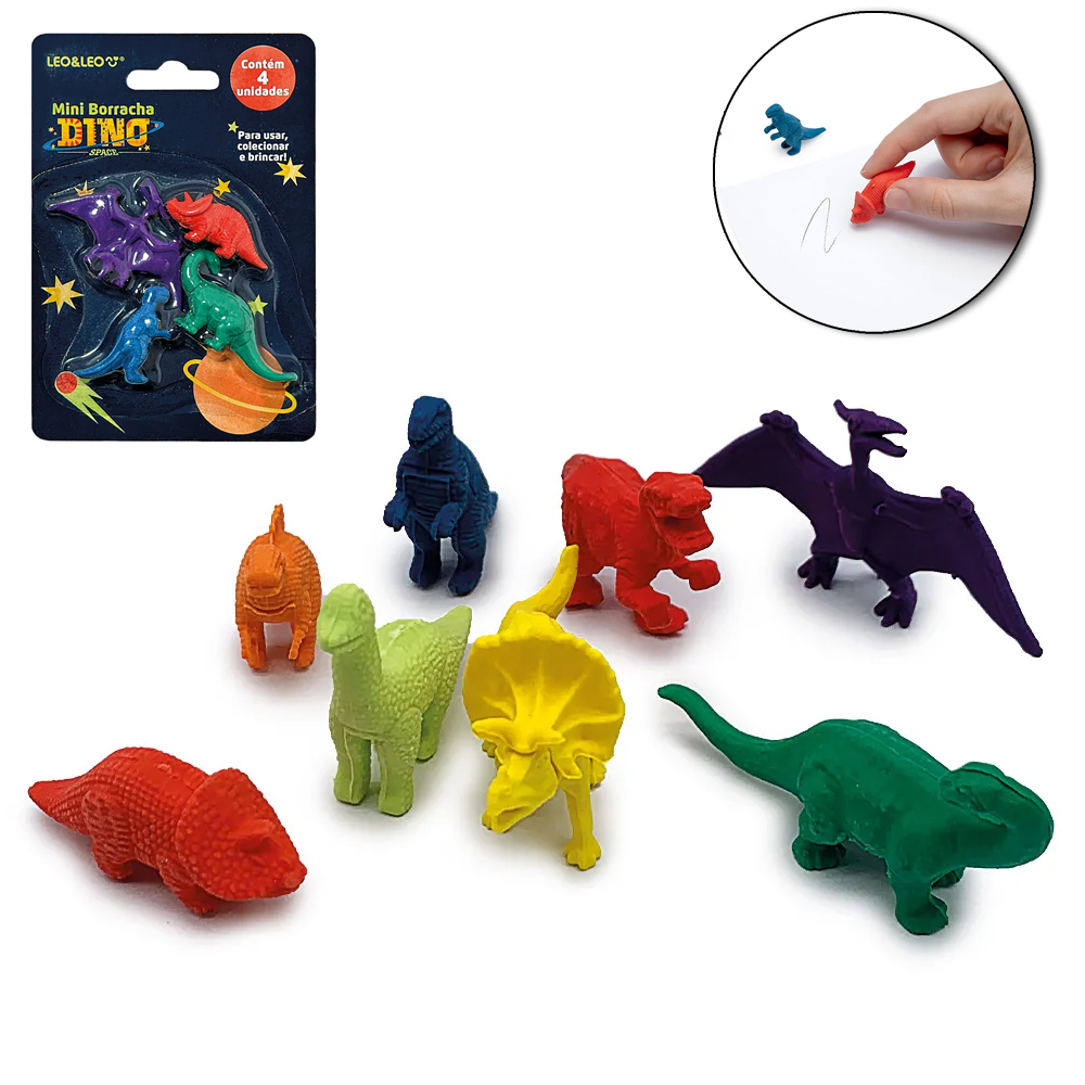 MINI BORRACHA ESCOLAR DINO SPACE COM 4 PECAS