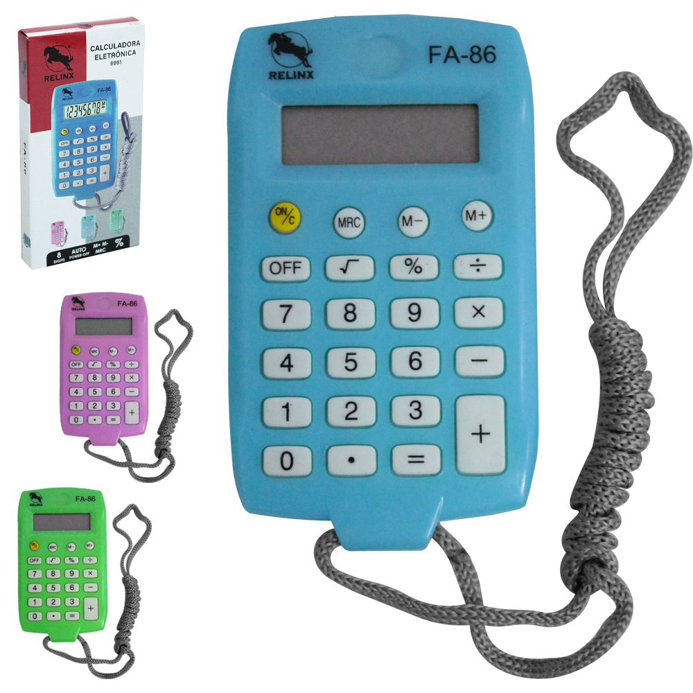 CALCULADORA ELETRONICA 8 DIGITOS DE BOLSO COM CORDAO A BATERIA RELINX 11,3X5,9CM