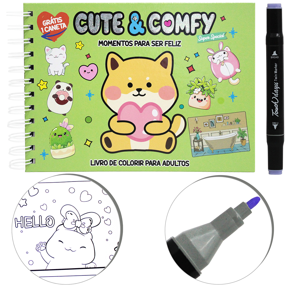 LIVRO CUTE & COMFY MOMENTOS PARA SER FELIZ PARA COLORIR COM CANETA CAPA DURA ESPIRAL 22X16CM