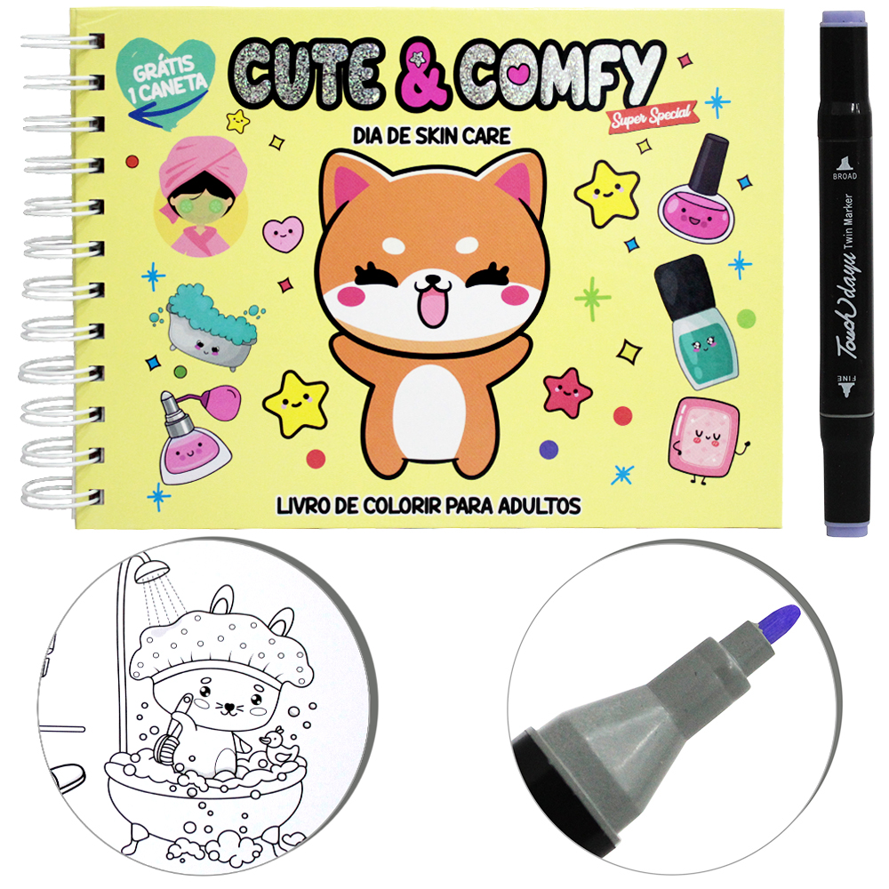 LIVRO CUTE & COMFY DIA DE SKIN CARE PARA COLORIR COM CANETA CAPA DURA ESPIRAL 22X16CM