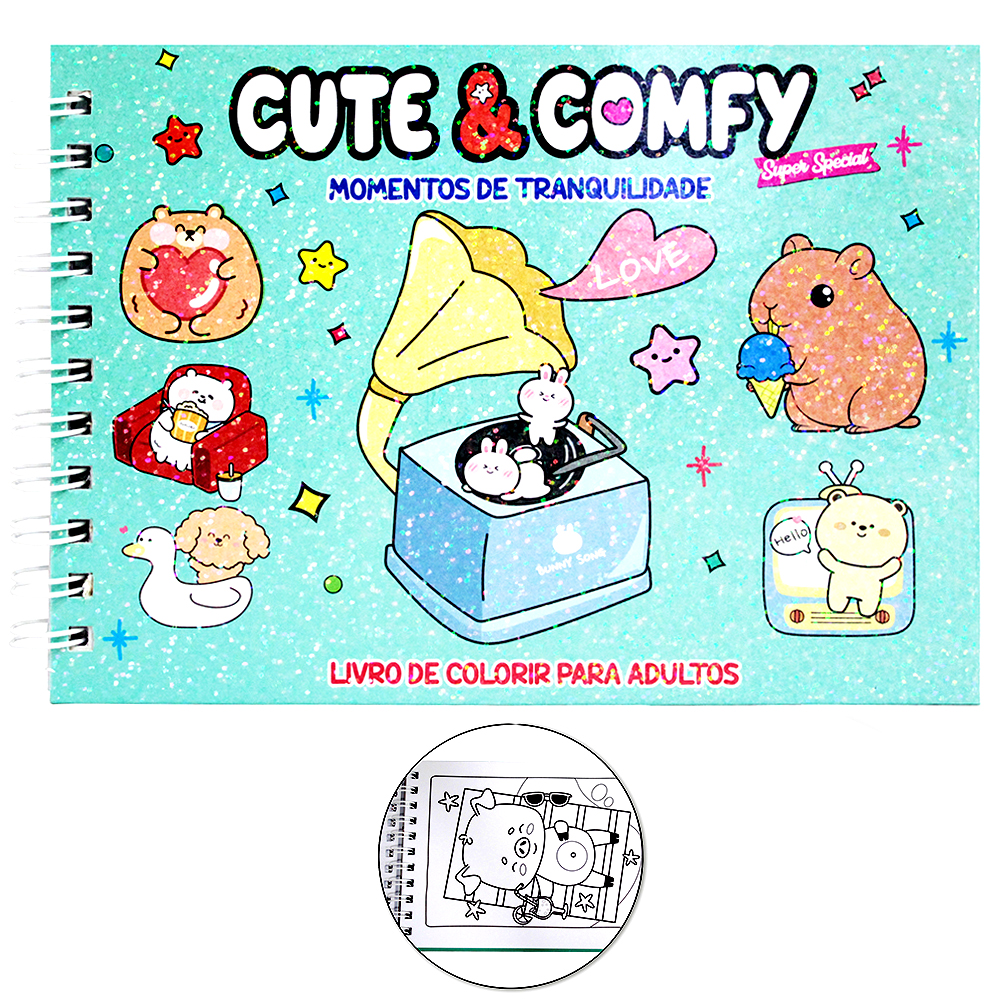 LIVRO CUTE & COMFY MOMENTOS DE TRANQUILIDADE PARA COLORIR CAPA DURA ESPIRAL 21,5X16CM