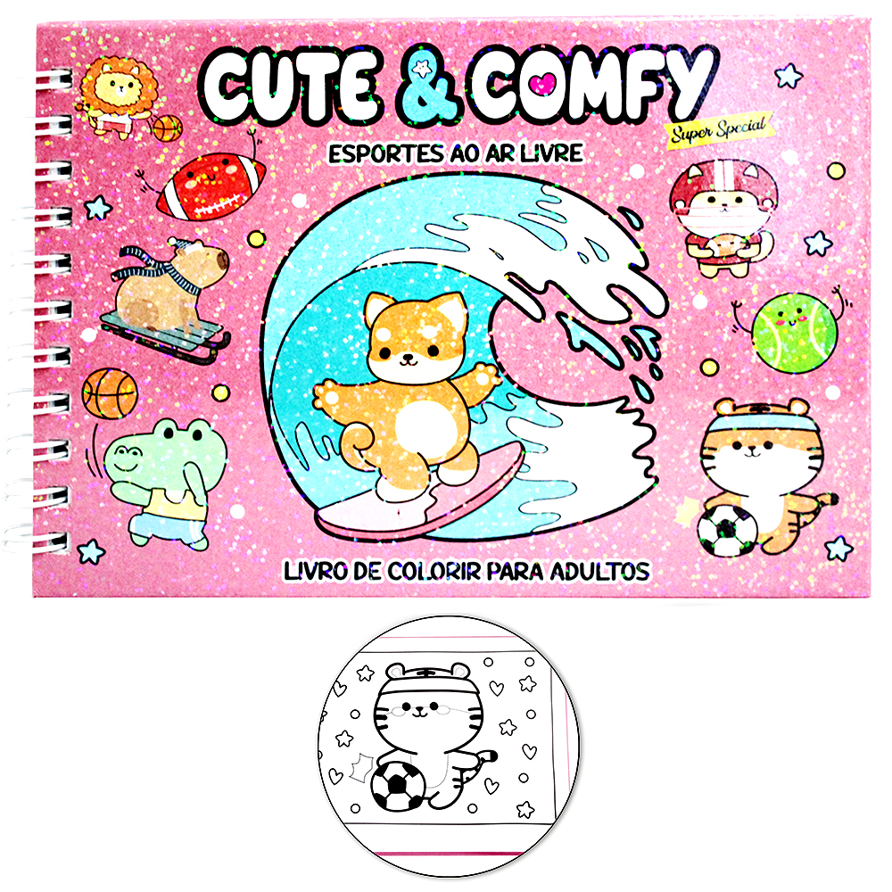 LIVRO CUTE & COMFY ESPORTES AO AR LIVRE PARA COLORIR CAPA DURA ESPIRAL 21,5X16CM