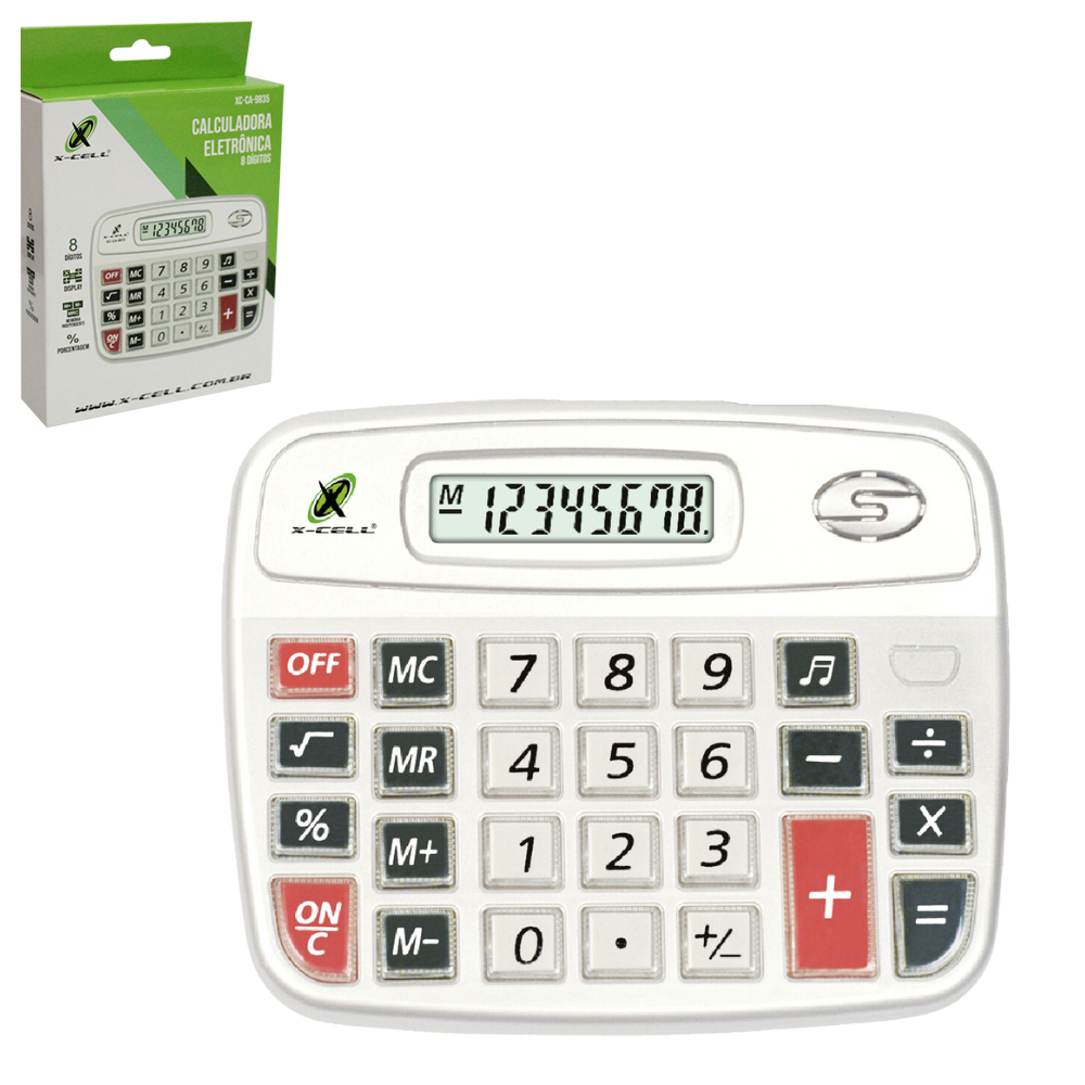 CALCULADORA ELETRONICA 8 DIGITOS BOTAO ACRILICO COM SOM A PILHA X-CELL 15,4X12,4CM