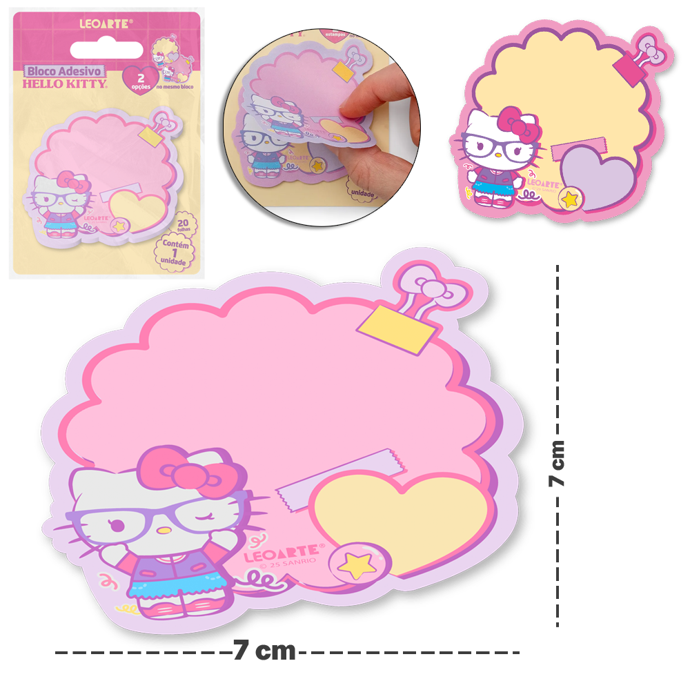 MARCADOR PAGINA / BLOCO DE ANOTACAO STICKER ADESIVO HELLO KITTY COM 20 FOLHAS 7X7CM LEOARTE