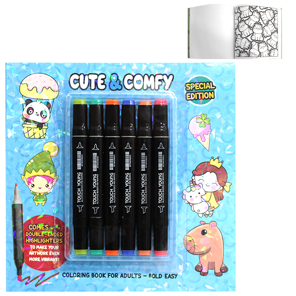LIVRO CUTE & COMFY COLORING BOOK FOR ADULTS - BOLD EASY PARA COLORIR COIM 6 CANETAS DUPLA 65 PAGINAS 23X23CM