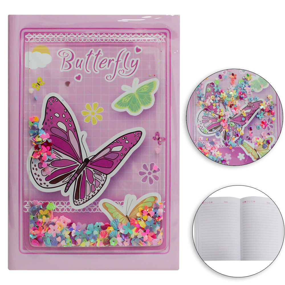CADERNETA / BLOCO DE ANOTACAO BOROBOLETA BUTTERFLY COM LANTEJOULA MAGICA 80 FOLHAS 20X13,6CM