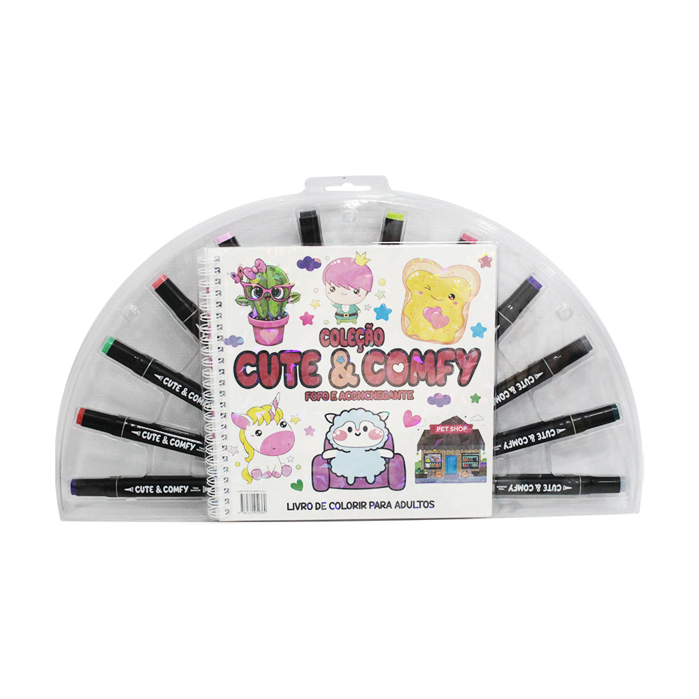 LIVRO COLECAO CUTE & COMFY FOFO ACONCHEGANTE PARA COLORIR ESPIRAL COM 12 CANETAS DUPLA 48 PAGINAS 21,5X21CM