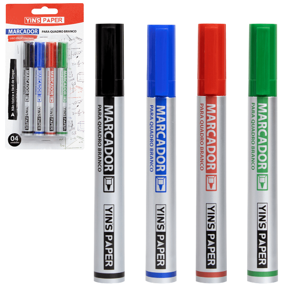 MARCADOR AZUL / VERDE / VERMELHO / PRETO P/QUADRO BRANCO PROFISSIONAL YINS PAPER COM 4 PECAS
