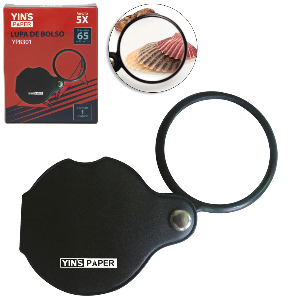 LUPA DE BOLSO COM LENTE DE VIDRO 65MM AUMENTA AMPLIA 5X YINS PAPER