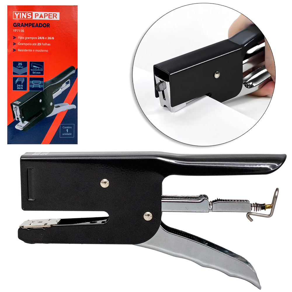 GRAMPEADOR DE METAL ALICATE GRANDE YINS PAPER PRETO 24/6 E 26/6 17CM