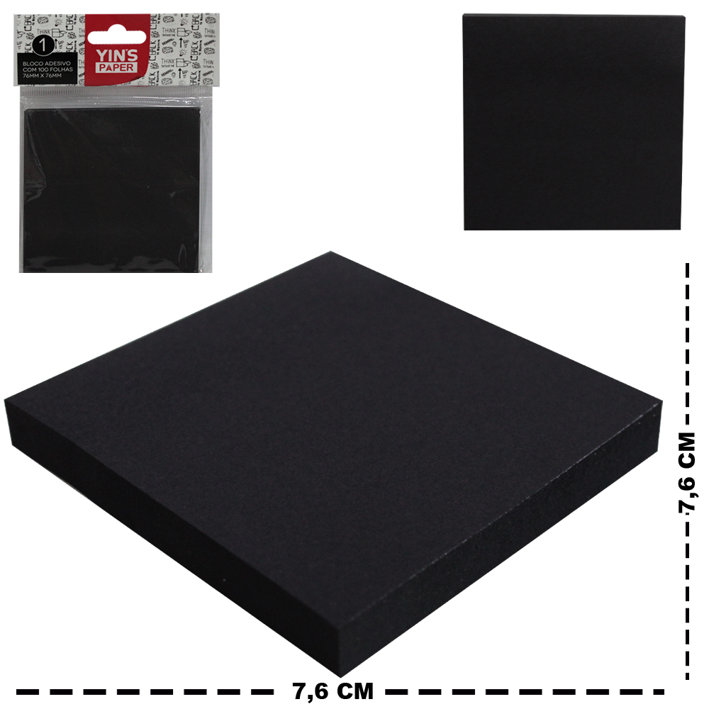BLOCO DE ANOTACAO STICKER ADESIVO QUADRADO YINS PAPER COM 100 FOLHAS PRETO 7,6CM