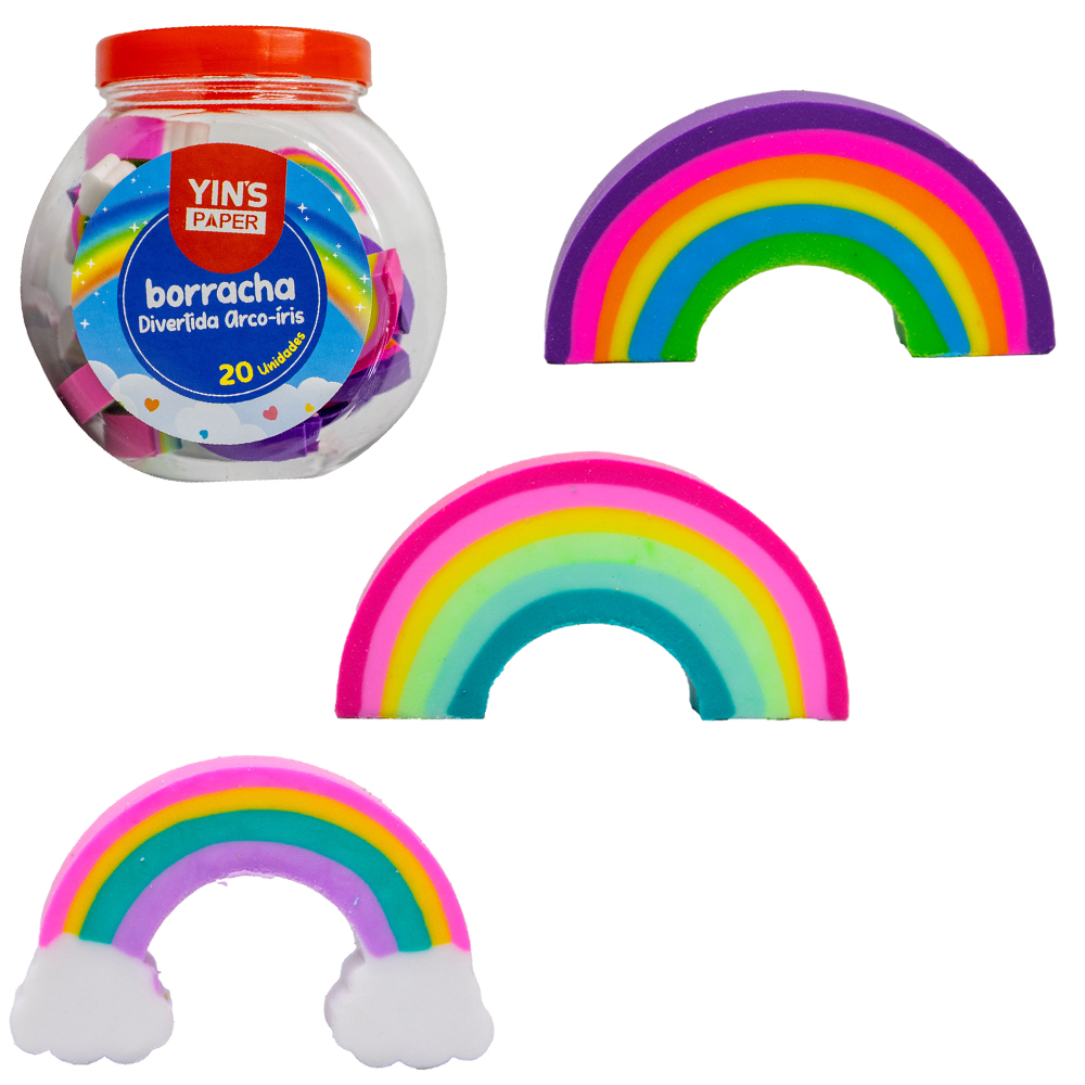 BORRACHA ESCOLAR ARCO-IRIS YINS PAPER COM 20 PECAS NO POTE BALEIRO DE PLASTICO COM TAMPA
