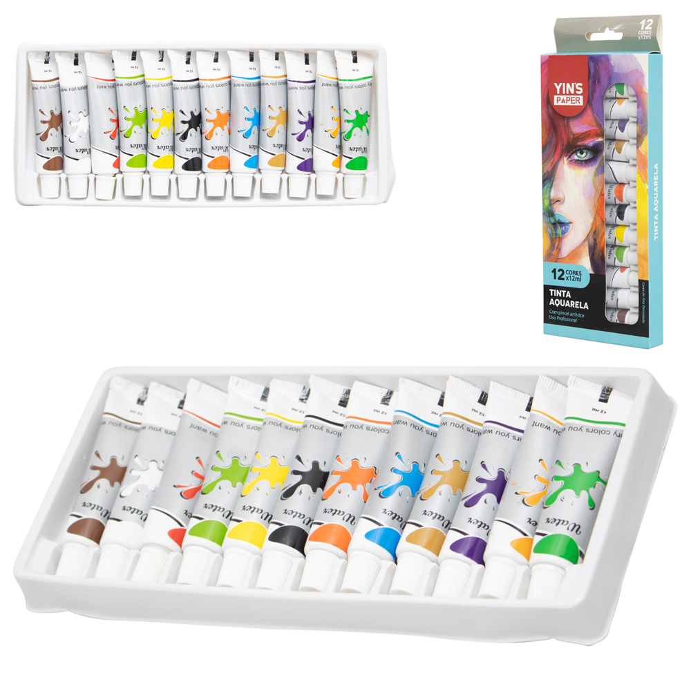 TINTA AQUARELA COM 12 CORES 12ML + PINCEL PROFISSIONAL YINS PAPER