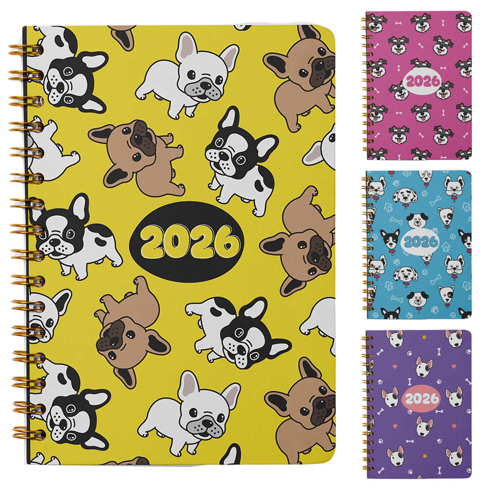 AGENDA 2026 CAPA DURA ESPIRAL DOGUINHOS 168 FOLHAS 18,7X13,7CM