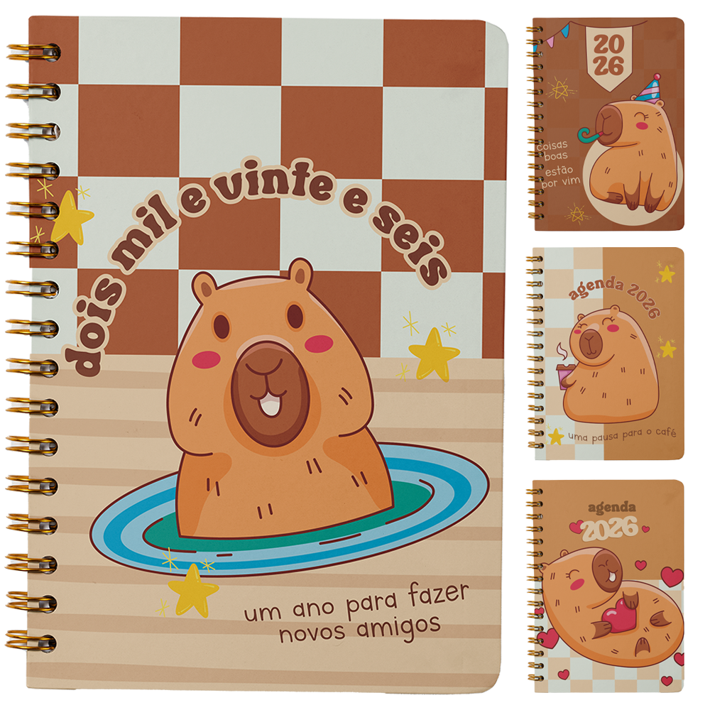 AGENDA 2026 CAPA DURA ESPIRAL CAPIVARA 168 FOLHAS 18,7X13,7CM
