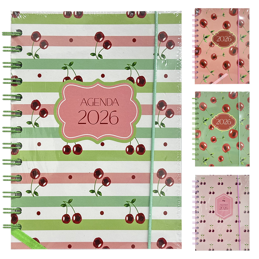 AGENDA 2026 CAPA DURA ESPIRAL CEREJAS 168 FOLHAS 18,7X13,7CM