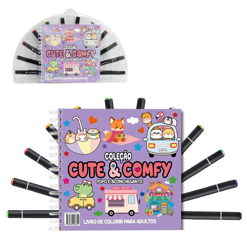 LIVRO COLECAO CUTE & COMFY FOFO ACONCHEGANTE PARA COLORIR ESPIRAL COM 12 CANETAS DUPLA 48 PAGINAS 21,5X21CM