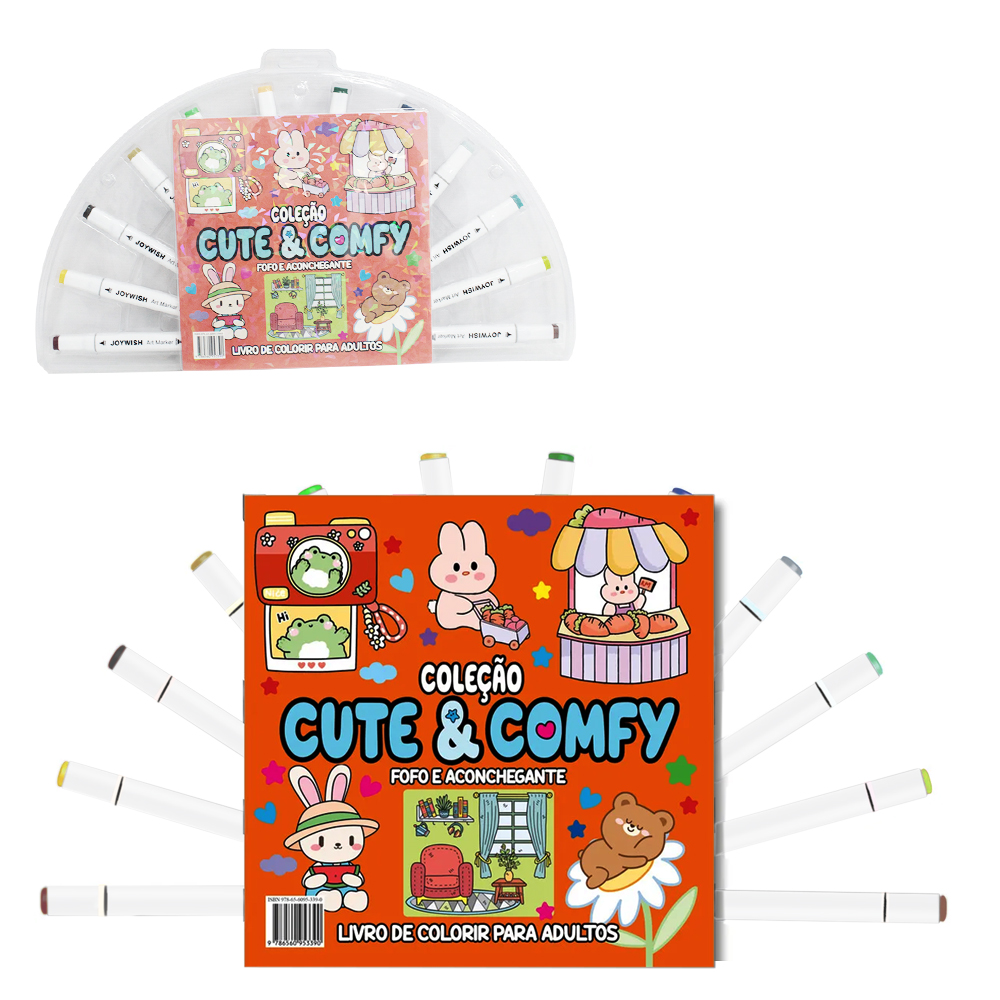 LIVRO COLECAO CUTE & COMFY FOFO ACONCHEGANTE PARA COLORIR COM 12 CANETAS DUPLA 48 PAGINAS 21X21CM