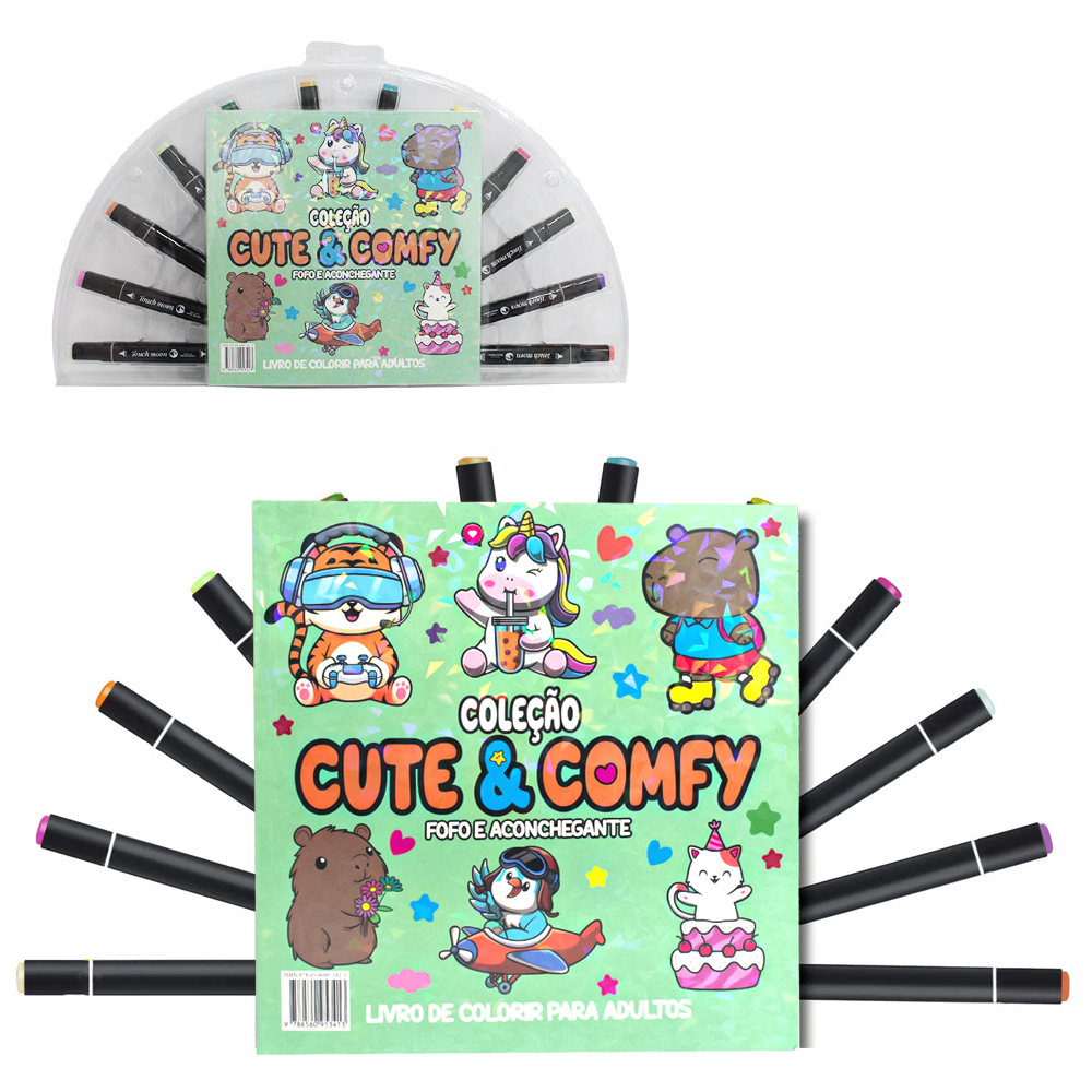 LIVRO COLECAO CUTE & COMFY FOFO ACONCHEGANTE PARA COLORIR COM 12 CANETAS DUPLA 48 PAGINAS 21X21CM