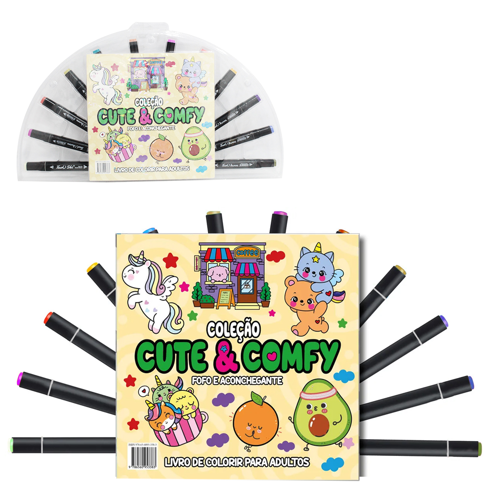 LIVRO COLECAO CUTE & COMFY FOFO ACONCHEGANTE PARA COLORIR COM 12 CANETAS DUPLA 48 PAGINAS 21X21CM