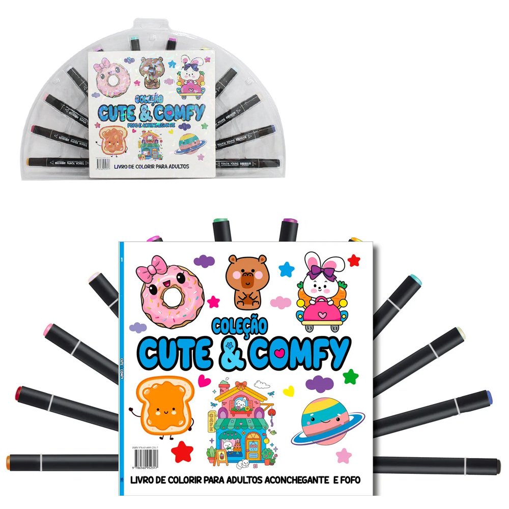 LIVRO COLECAO CUTE & COMFY FOFO ACONCHEGANTE PARA COLORIR COM 12 CANETAS DUPLA 48 PAGINAS 21X21CM