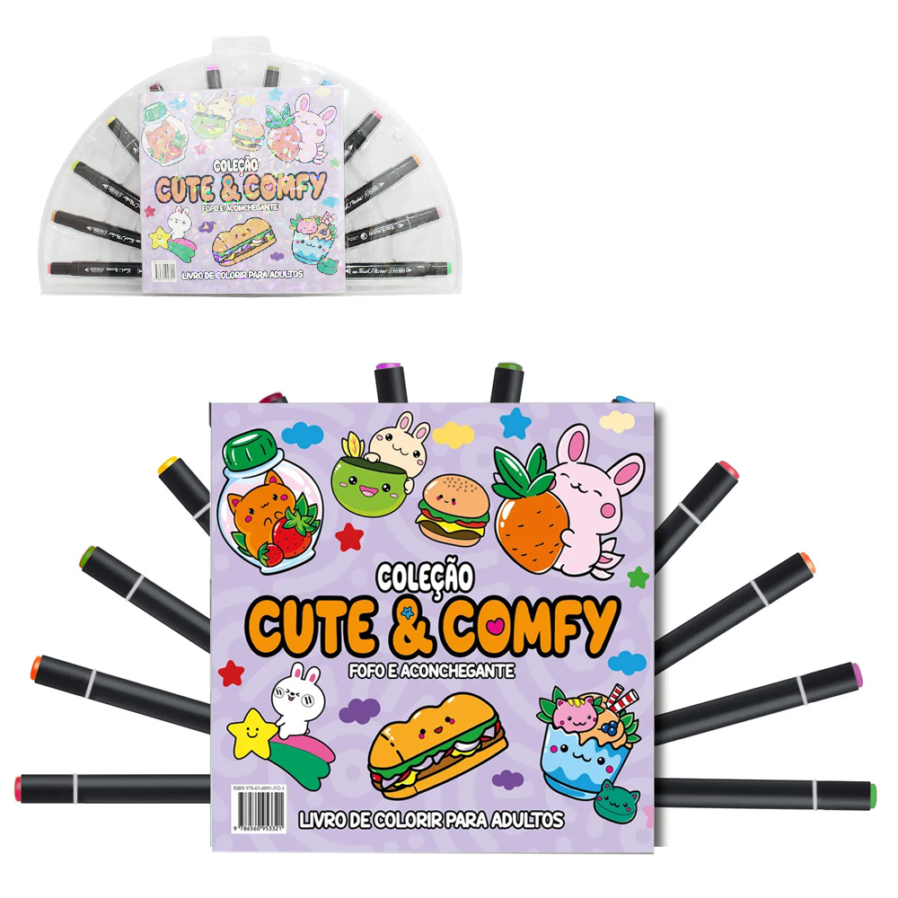 LIVRO COLECAO CUTE & COMFY FOFO ACONCHEGANTE PARA COLORIR COM 12 CANETAS DUPLA 48 PAGINAS 21X21CM