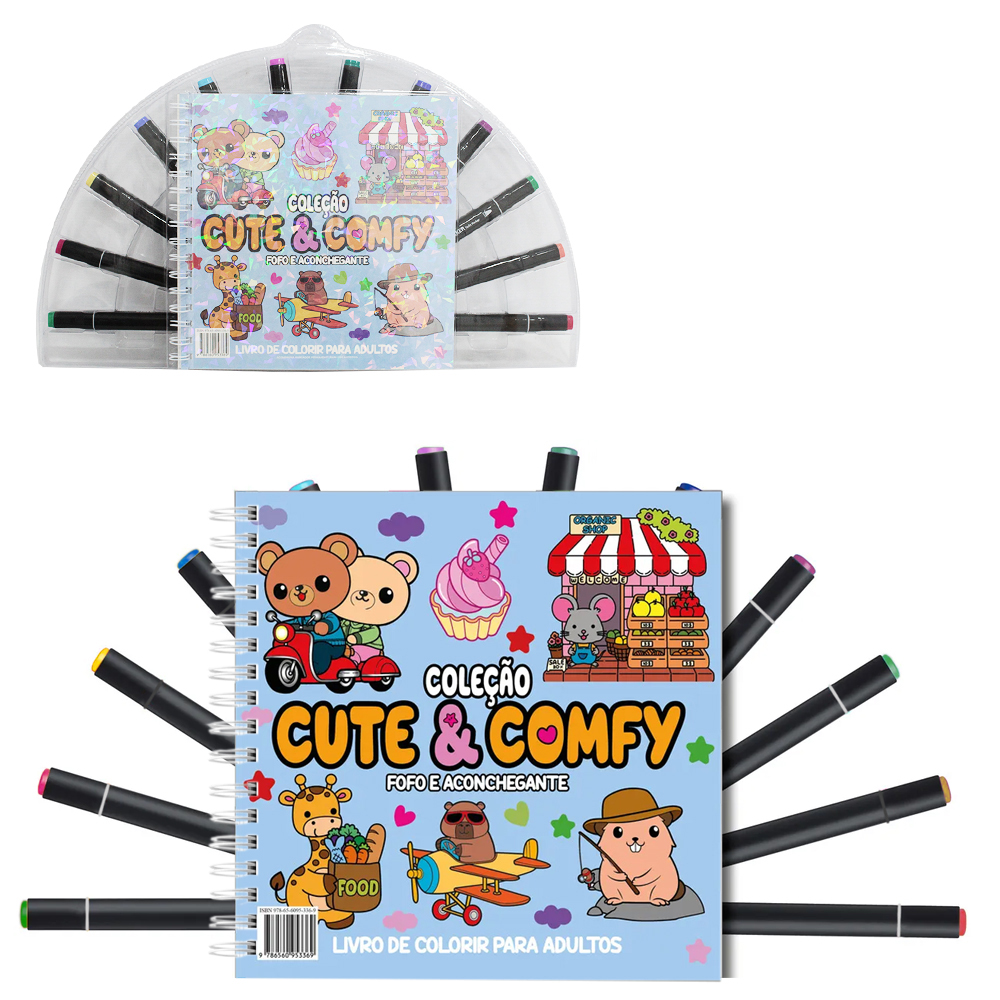 LIVRO COLECAO CUTE & COMFY FOFO ACONCHEGANTE PARA COLORIR ESPIRAL COM 12 CANETAS DUPLA 48 PAGINAS 21,5X21CM