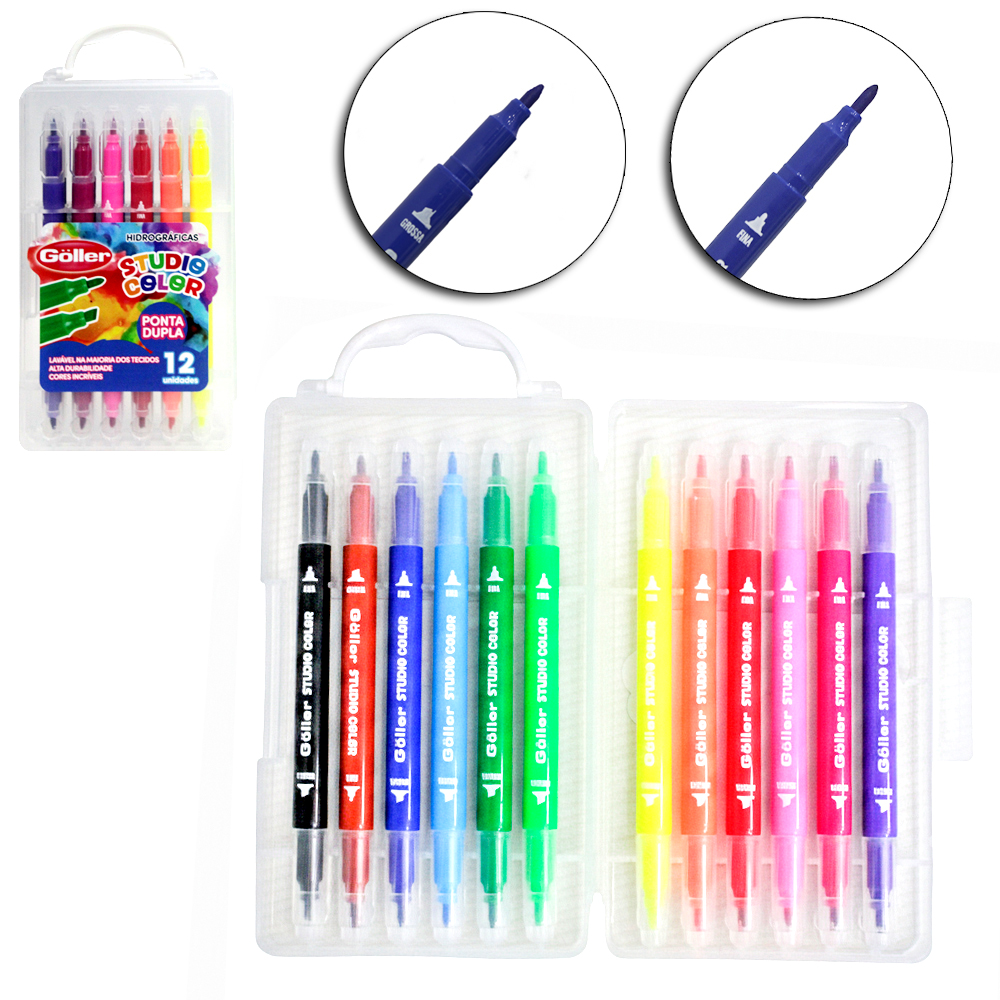 CANETA HIDROGRAFICA / HIDROCOR PONTA GROSSA E FINA DUPLA STUDIO COLOR COM 12 PECAS NA MALETA