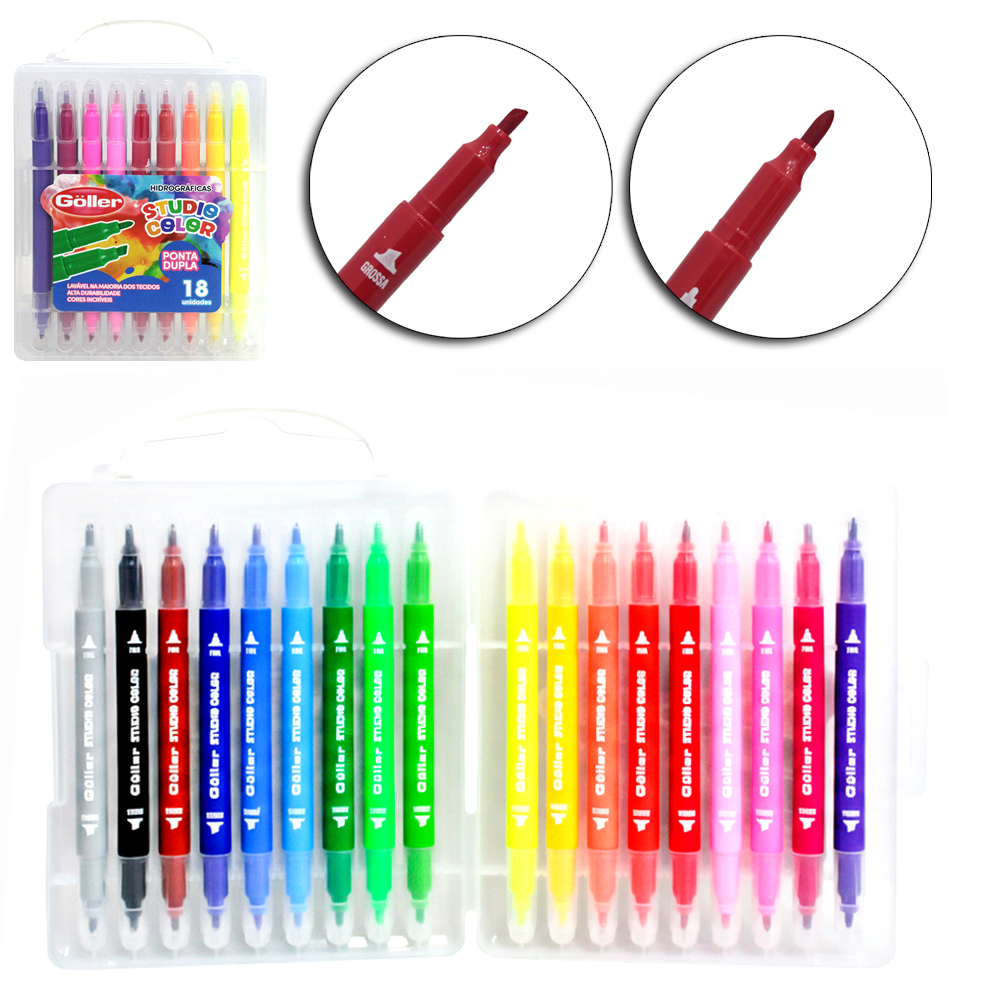 CANETA HIDROGRAFICA / HIDROCOR PONTA GROSSA E FINA DUPLA STUDIO COLOR COM 18 PECAS NA MALETA