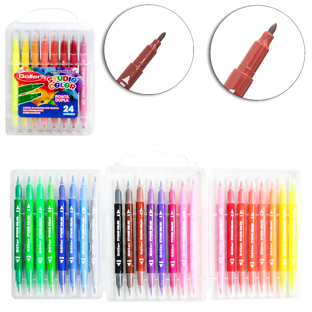 CANETA HIDROGRAFICA / HIDROCOR PONTA GROSSA E FINA DUPLA STUDIO COLOR COM 24 PECAS NA MALETA