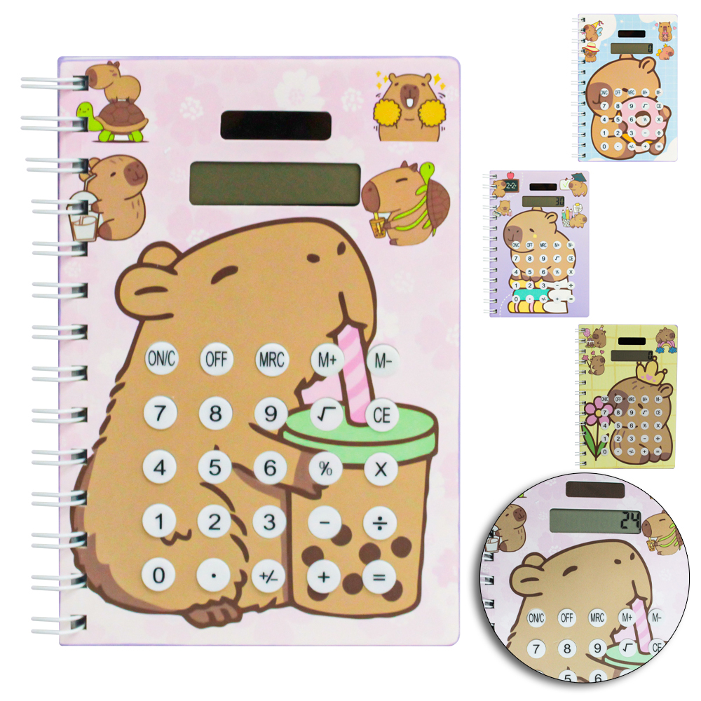 CADERNO CADERNETA CAPA DURA ESPIRAL COM CALCULADORA CAPIVARA 160 FOLHAS 18X13CM