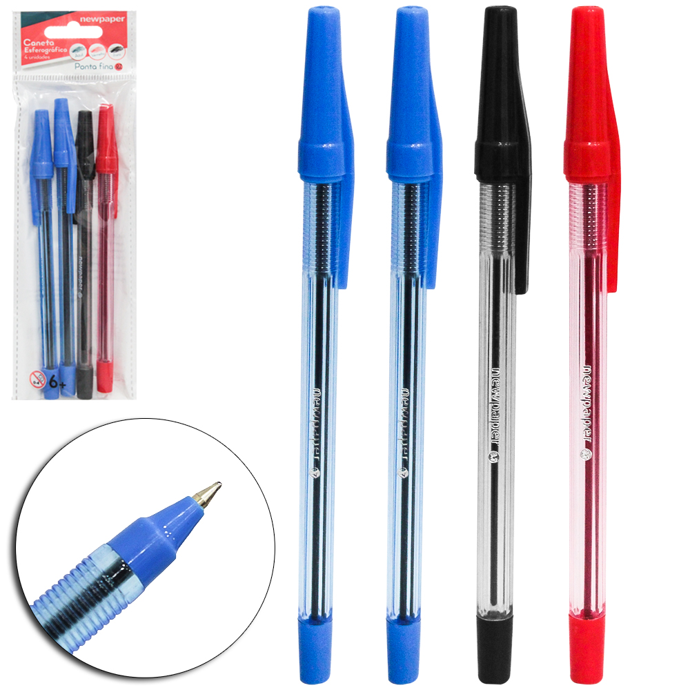 CANETA ESFEROGRAFICA AZUL / PRETO / VERMELHO 0.7MM PONTA FINA COM 4 PECAS NEWPAPER