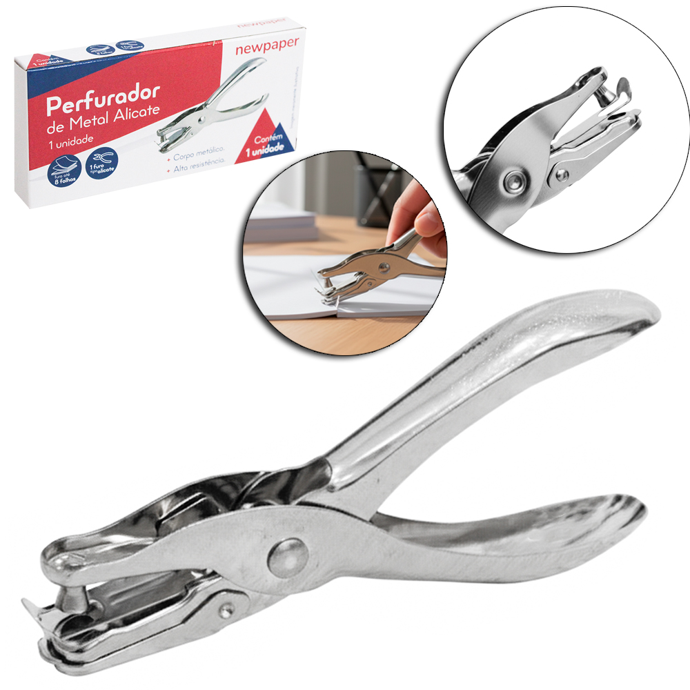 PERFURADOR DE PAPEL DE METAL COM FURO UNICO CROMADO NEWPAPER 13X6CM