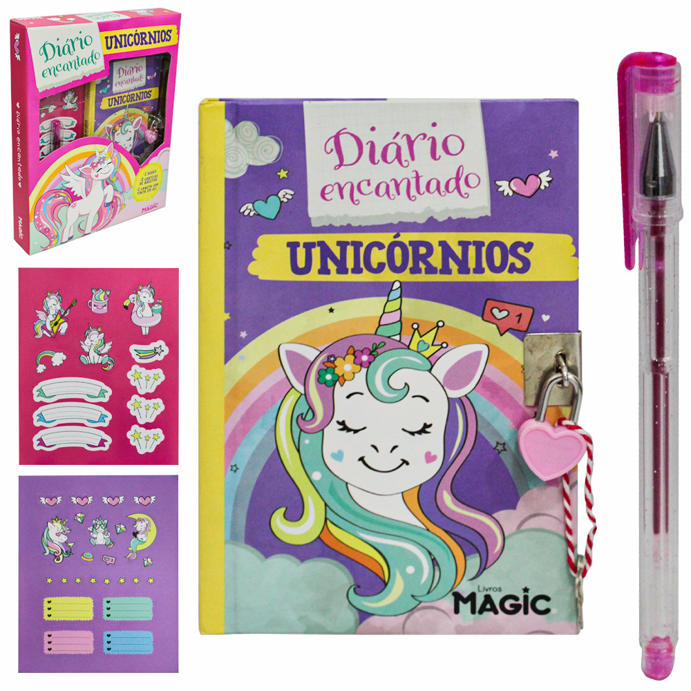 DIARIO UNICORNIOS ENCANTADO COM CADEADO + CANETA GEL E ADESIVOS