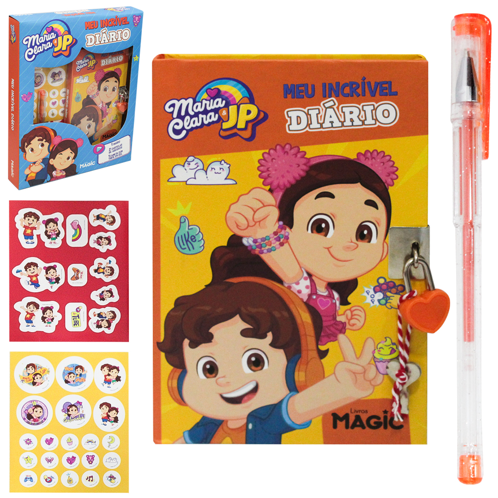 DIARIO MARIA CLARA & JP INCRIVEL COM CADEADO + CANETA GEL E ADESIVOS