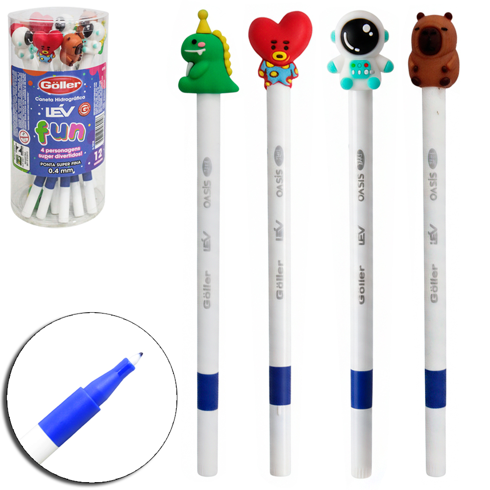 CANETA HIDROGRAFICA PONTA SUPER FINA 0.4MM PERSONAGENS DIVERTIDOS SORTIDOS LEV FUN COM 12 PECAS