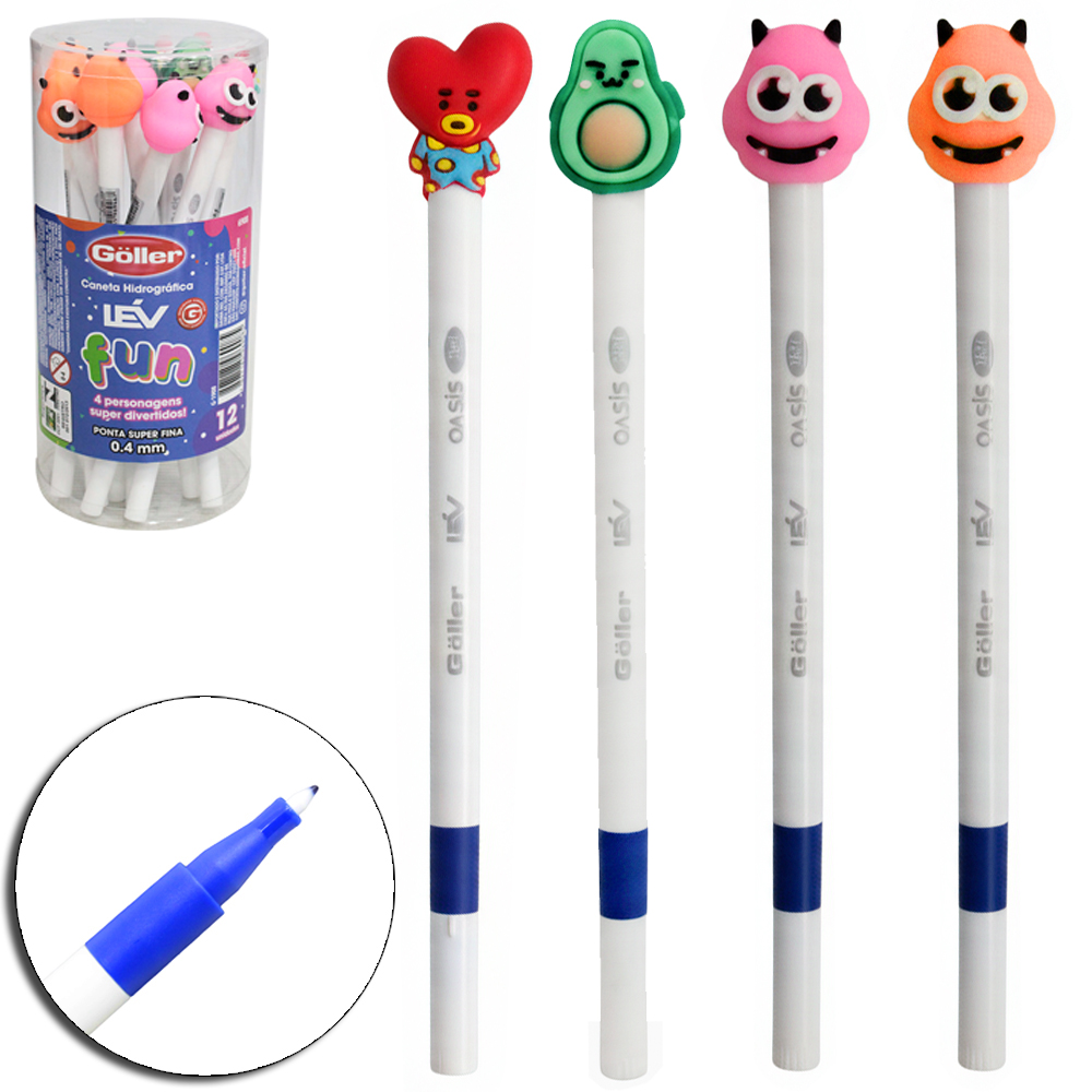 CANETA HIDROGRAFICA PONTA SUPER FINA 0.4MM PERSONAGENS DIVERTIDOS SORTIDOS LEV FUN COM 12 PECAS