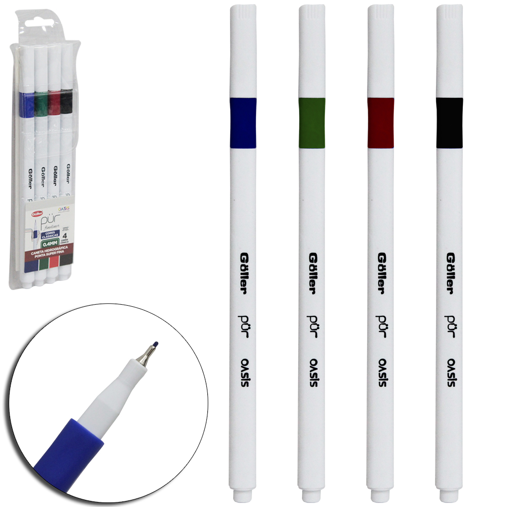 CANETA HIDROGRAFICA PONTA SUPER FINA 0.4MM PUR FINELINER CORES CLASSICAS OASIS COLLECTION COM 4 PECAS