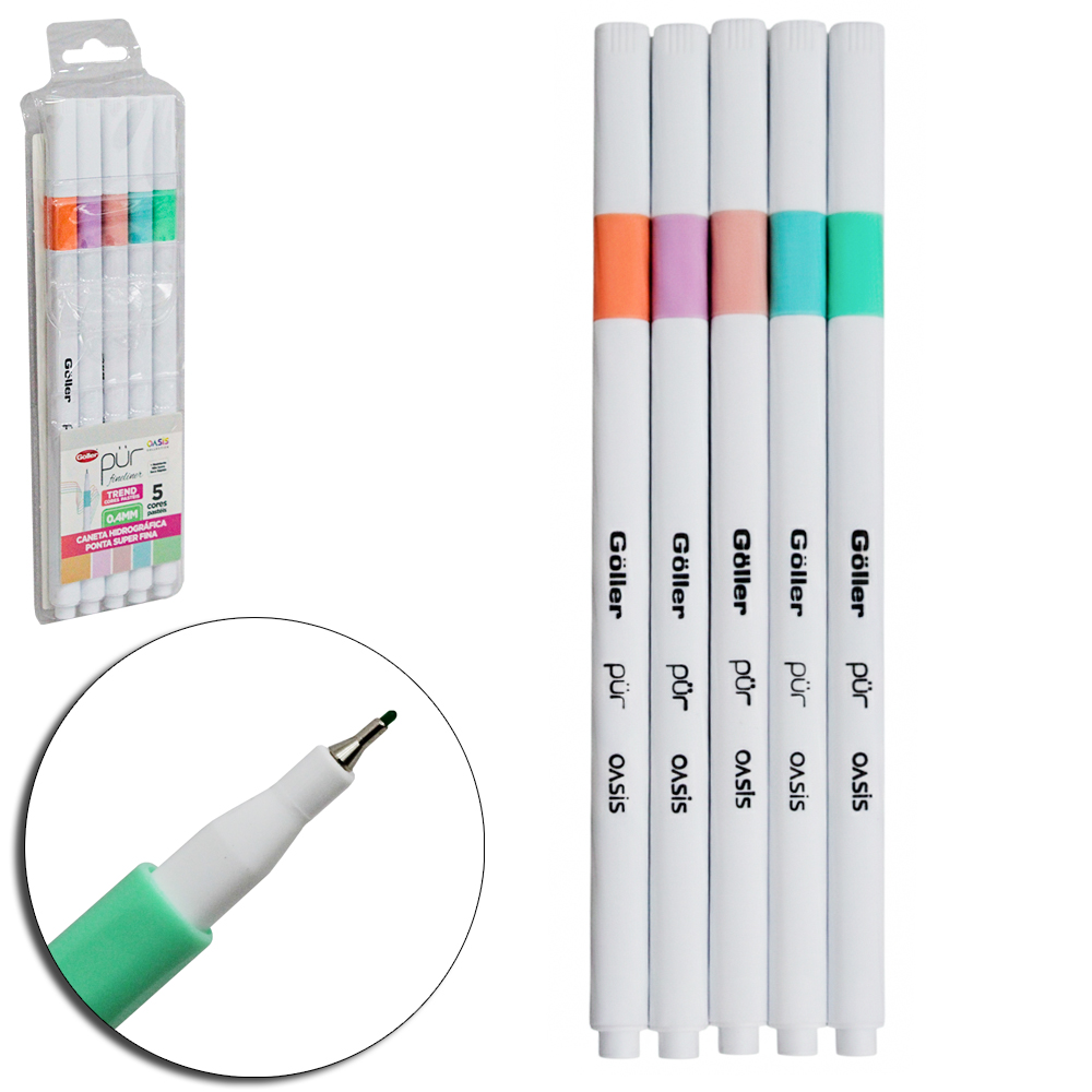 CANETA HIDROGRAFICA PONTA SUPER FINA 0.4MM PUR FINELINER TREND CORES PASTEIS OASIS COLLECTION COM 5 PECAS